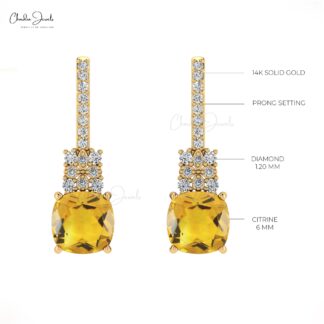 Cushion Citrine Prong Set Earrings With Pave Diamond Hallmarked Jewelry In 14k Pure Gold