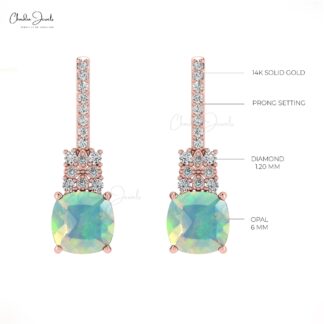 Natural Fire Opal Gemstone Earrings With Round Diamond Accents In 14k Solid Gold Studs