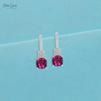 Cushion Cut Wedding Earrings With 6mm Rhodolite Garnet & Diamond Studs In 14k Real Gold
