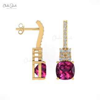 Cushion Cut Wedding Earrings With 6mm Rhodolite Garnet & Diamond Studs In 14k Real Gold