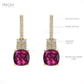 Cushion Cut Wedding Earrings With 6mm Rhodolite Garnet & Diamond Studs In 14k Real Gold