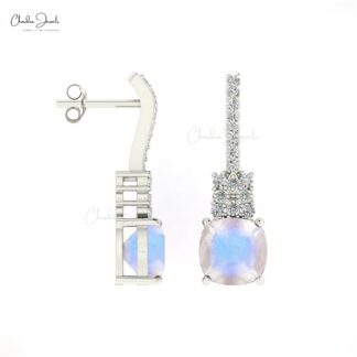 Rainbow Moonstone & Round Cut Diamond Studded Earring in 14K Gold