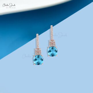 Solid 14k Gold Dainty Women Stud In 2.84 Ct Swiss Blue Topaz Diamond Minimalist Earrings