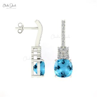 Solid 14k Gold Dainty Women Stud In 2.84 Ct Swiss Blue Topaz Diamond Minimalist Earrings