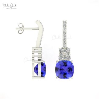 Genuine Tanzanite Cushion Cut Studs in 14k Solid Gold Dainty Diamond Bar Bridal Earrings