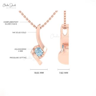 Round Aquamarine Twisted Pendant In 14k Solid Gold March Birthstone Solitaire Jewelry