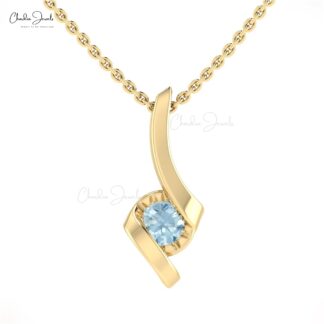 Round Aquamarine Twisted Pendant In 14k Solid Gold March Birthstone Solitaire Jewelry