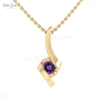 Gemstone Twisted Pendant With 4mm Amethyst Solitaire Hallmark Necklace In 14k Real Gold
