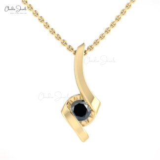 Round Cut Solitaire Charm With 0.23 Ct Black Diamond Pave Set In 14k Solid Gold Pendant