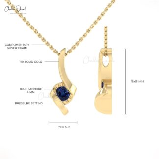 Solitaire Gemstone Charm With 4mm Blue Sapphire Twisted Minimal Pendant In 14k Real Gold