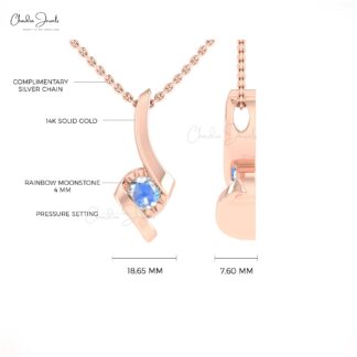 Solid 14k Gold Single Stone Pendant With 4mm Round Moonstone Solitaire Women Pendants
