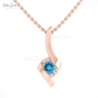 Round Single Stone Pendant With 4mm Swiss Blue Topaz Twisted Necklace In 14k Solid Gold
