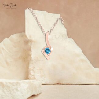 Round Single Stone Pendant With 4mm Swiss Blue Topaz Twisted Necklace In 14k Solid Gold