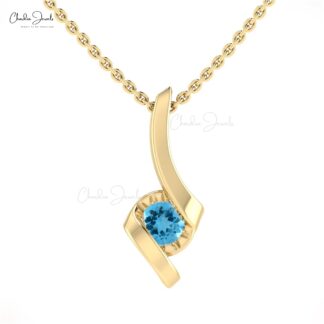 Round Single Stone Pendant With 4mm Swiss Blue Topaz Twisted Necklace In 14k Solid Gold