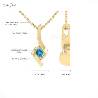 Round Single Stone Pendant With 4mm Swiss Blue Topaz Twisted Necklace In 14k Solid Gold