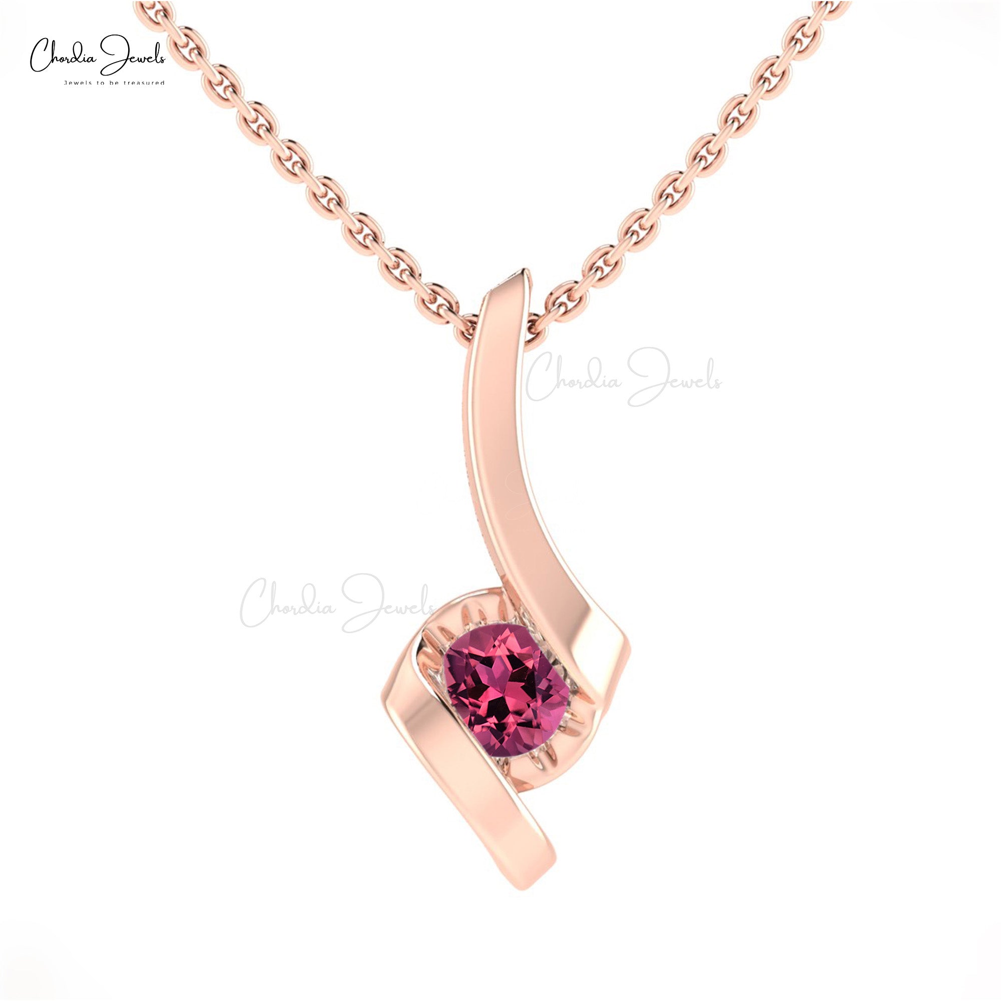 Real 14k Gold Solitaire Pendant With 0.27 Ct Pink Tourmaline Dainty Women Necklaces