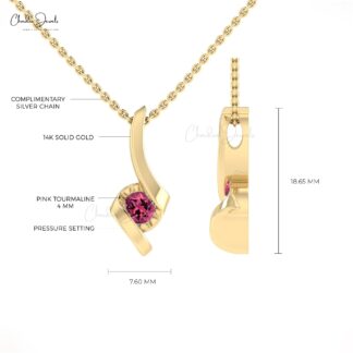 Real 14k Gold Solitaire Pendant With 0.27 Ct Pink Tourmaline Dainty Women Necklaces