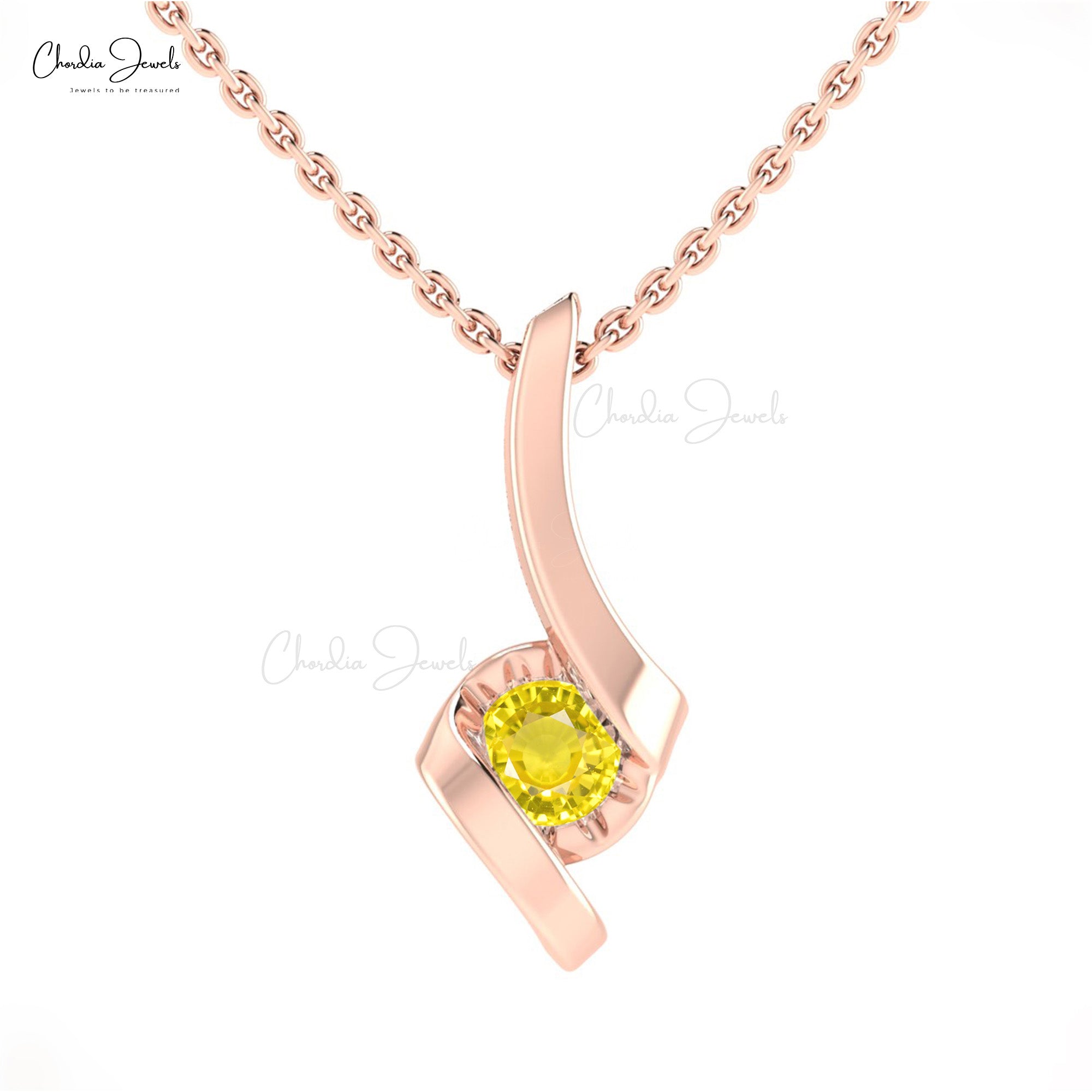14k Solid Gold Round Yellow Sapphire Twisted Solitaire Pendant