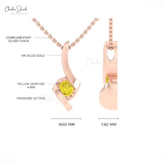 14k Solid Gold Round Yellow Sapphire Twisted Solitaire Pendant