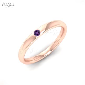 Round Amethyst Solitaire Ring In 14k Real Gold February Birthstone Women Jewelry