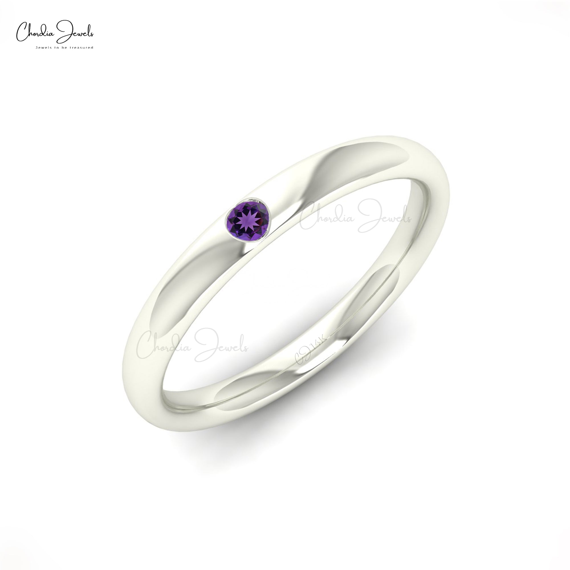 Round Amethyst Solitaire Ring In 14k Real Gold February Birthstone Women Jewelry
