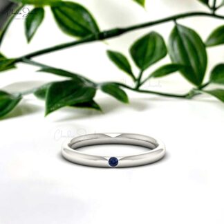 Solid 14k Gold Danty Ring With 2mm Blue Sapphire Solitaire Women Ring (Size 5-11)