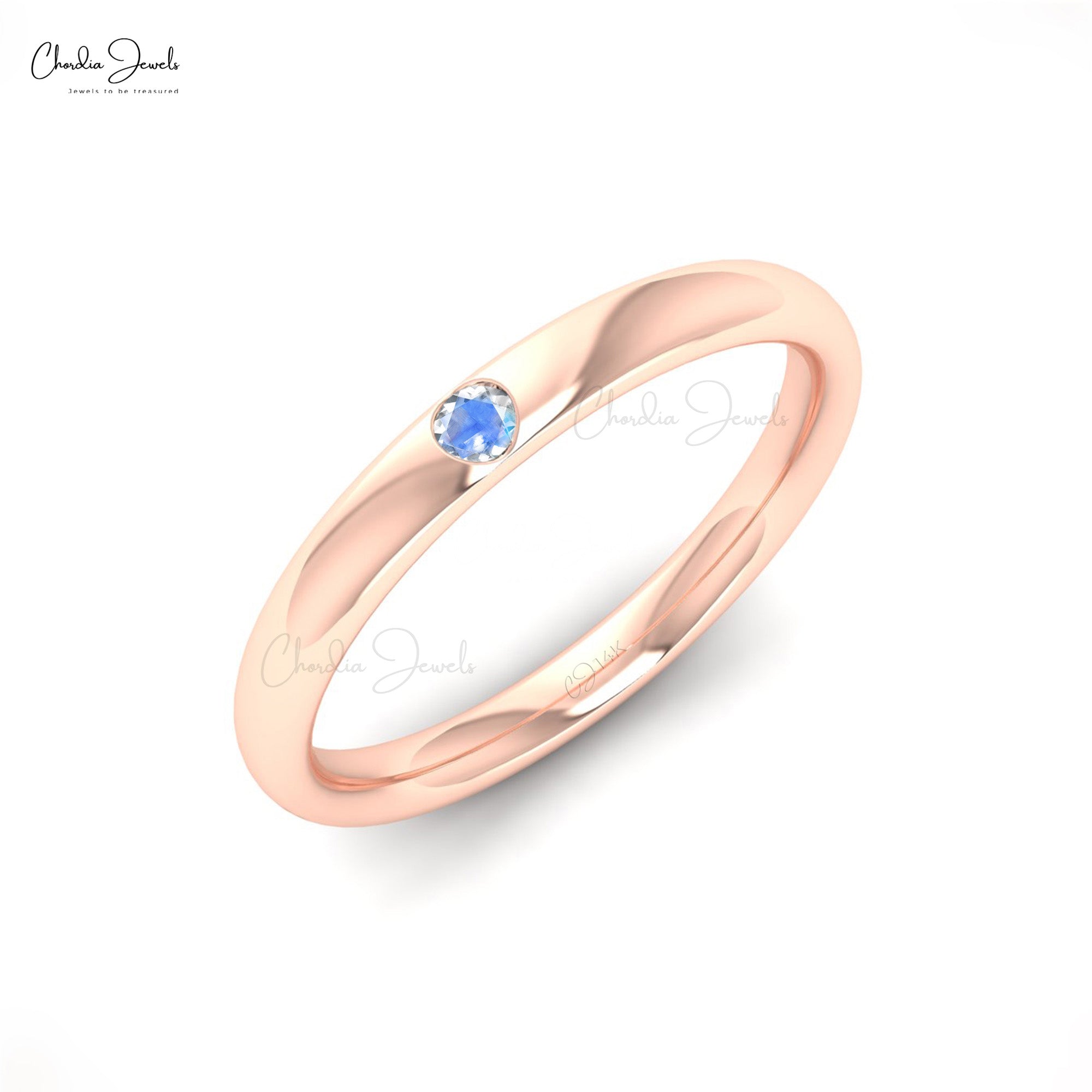 Stackable Solitaire Band With 0.05 Ct Rainbow Moonstone Dainty Ring In 14k Real Gold