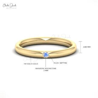 Stackable Solitaire Band With 0.05 Ct Rainbow Moonstone Dainty Ring In 14k Real Gold