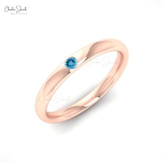 Single Stone Stack Band In 14k Solid Gold Swiss Blue Topaz 2mm Gemstone Solitaire Ring