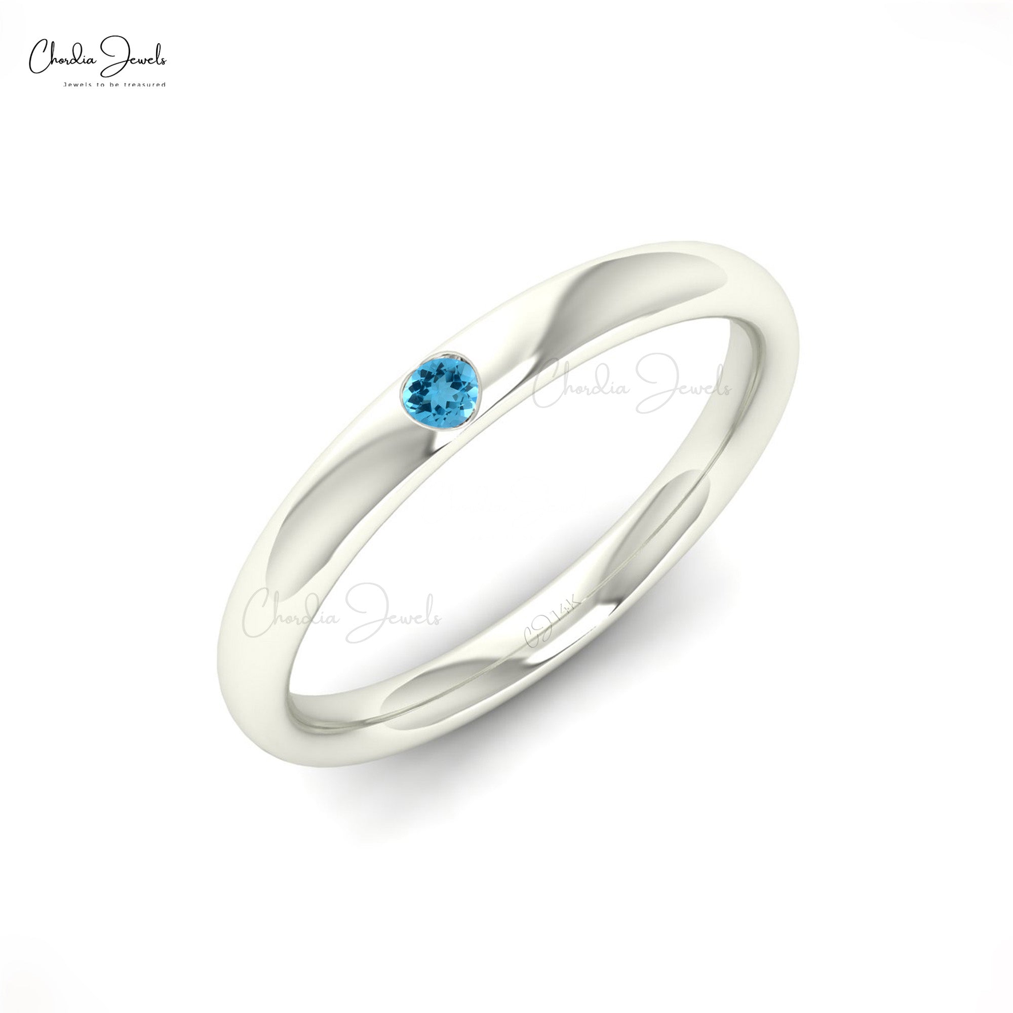 Single Stone Stack Band In 14k Solid Gold Swiss Blue Topaz 2mm Gemstone Solitaire Ring