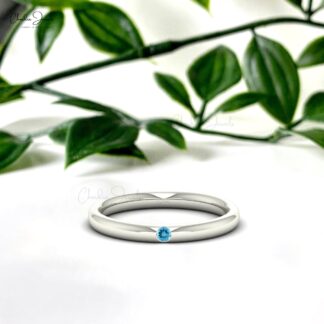 Single Stone Stack Band In 14k Solid Gold Swiss Blue Topaz 2mm Gemstone Solitaire Ring