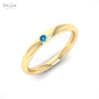 Single Stone Stack Band In 14k Solid Gold Swiss Blue Topaz 2mm Gemstone Solitaire Ring