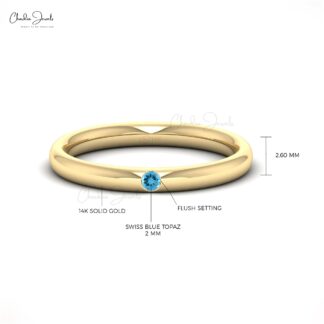 Single Stone Stack Band In 14k Solid Gold Swiss Blue Topaz 2mm Gemstone Solitaire Ring