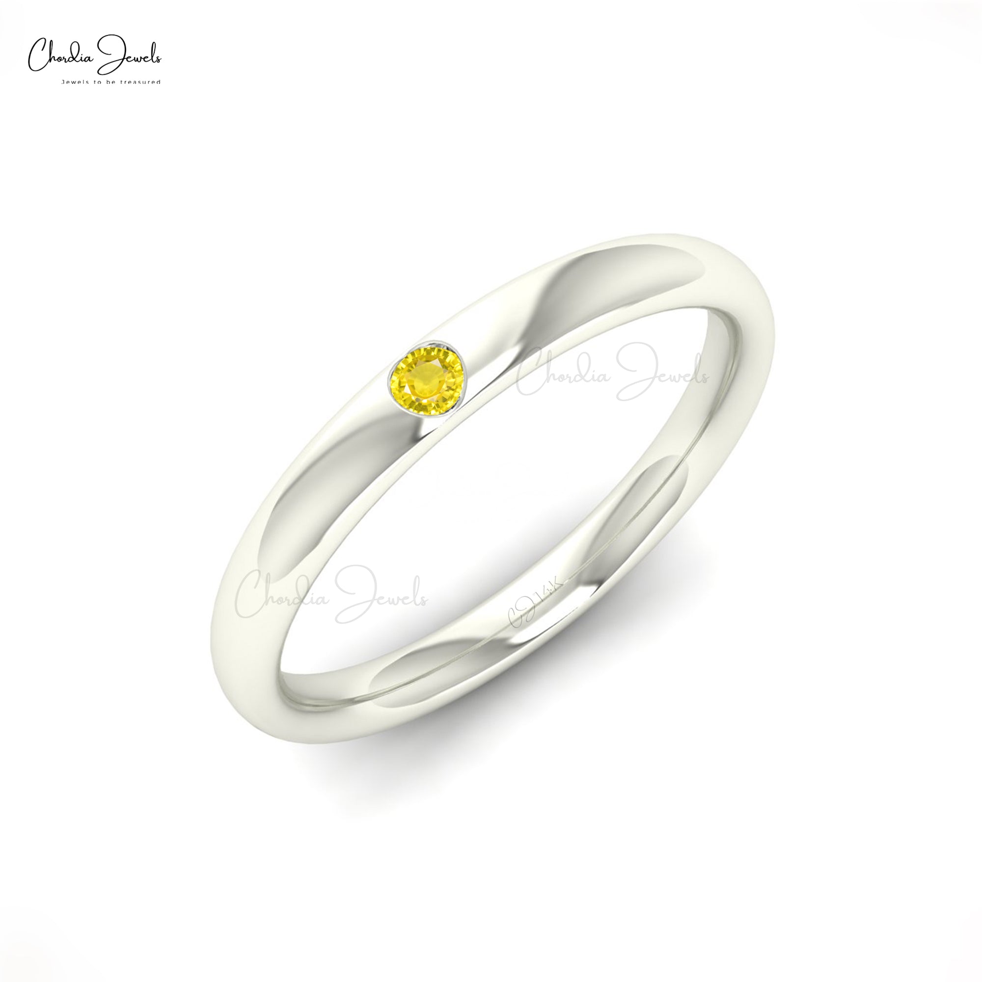 Dainty Round Flush Set Band In 14k Real Gold Yellow Sapphire 0.03 Ct Gemstone Ring