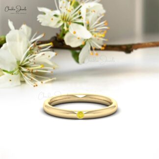 Dainty Round Flush Set Band In 14k Real Gold Yellow Sapphire 0.03 Ct Gemstone Ring