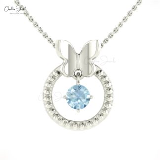 Brilliant Cut Dangle Pendant In Pure 14k Gold Aquamarine 5mm Gemstone Milgrain Necklace