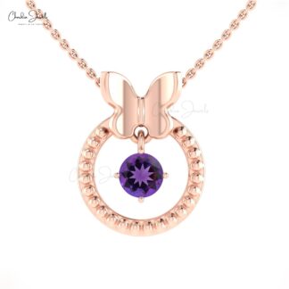 Solid 14k Gold Solitaire Pendant With 0.42 Ct Amethyst Gemstone Dangle Pendant For Mom