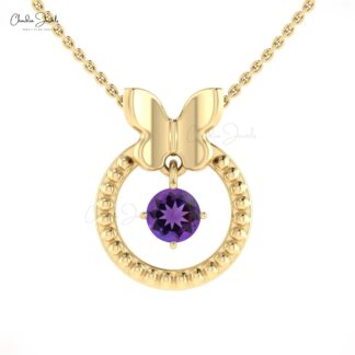 Solid 14k Gold Solitaire Pendant With 0.42 Ct Amethyst Gemstone Dangle Pendant For Mom
