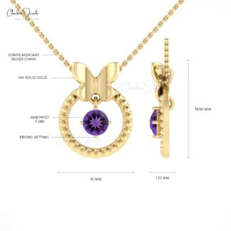 Solid 14k Gold Solitaire Pendant With 0.42 Ct Amethyst Gemstone Dangle Pendant For Mom