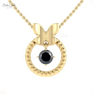 Pure 14k Gold Milgrain Pendant With 5mm Black Diamond Solitaire Dangling Necklace