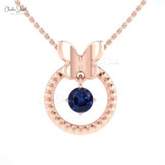 Single Stone Dangle Charm In 14k Pure Gold Blue Sapphire 5mm Round Solitaire Pendant