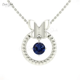 Single Stone Dangle Charm In 14k Pure Gold Blue Sapphire 5mm Round Solitaire Pendant