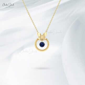 Single Stone Dangle Charm In 14k Pure Gold Blue Sapphire 5mm Round Solitaire Pendant