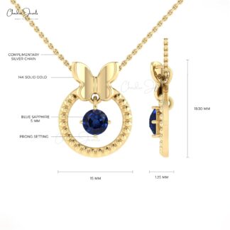 Single Stone Dangle Charm In 14k Pure Gold Blue Sapphire 5mm Round Solitaire Pendant