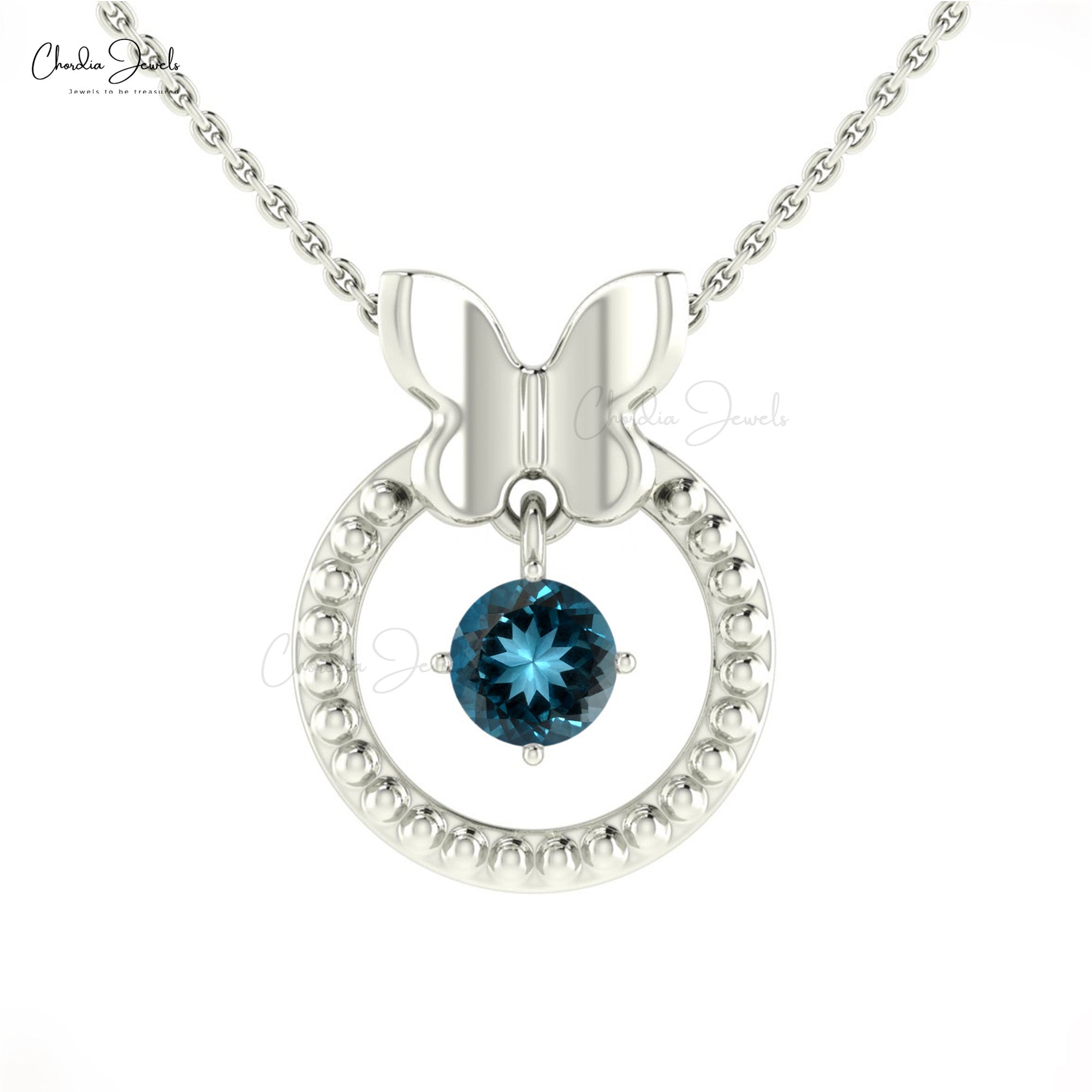 Genuine London Blue Topaz 14k Solid Gold Milgrain Pendant