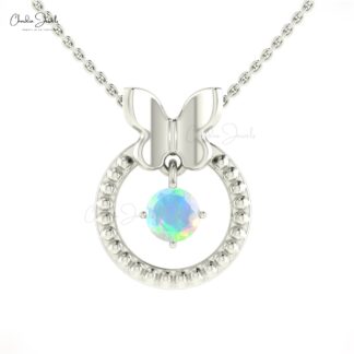14k Solid Gold Round Opal Butterfly Design Milgrain Pendant