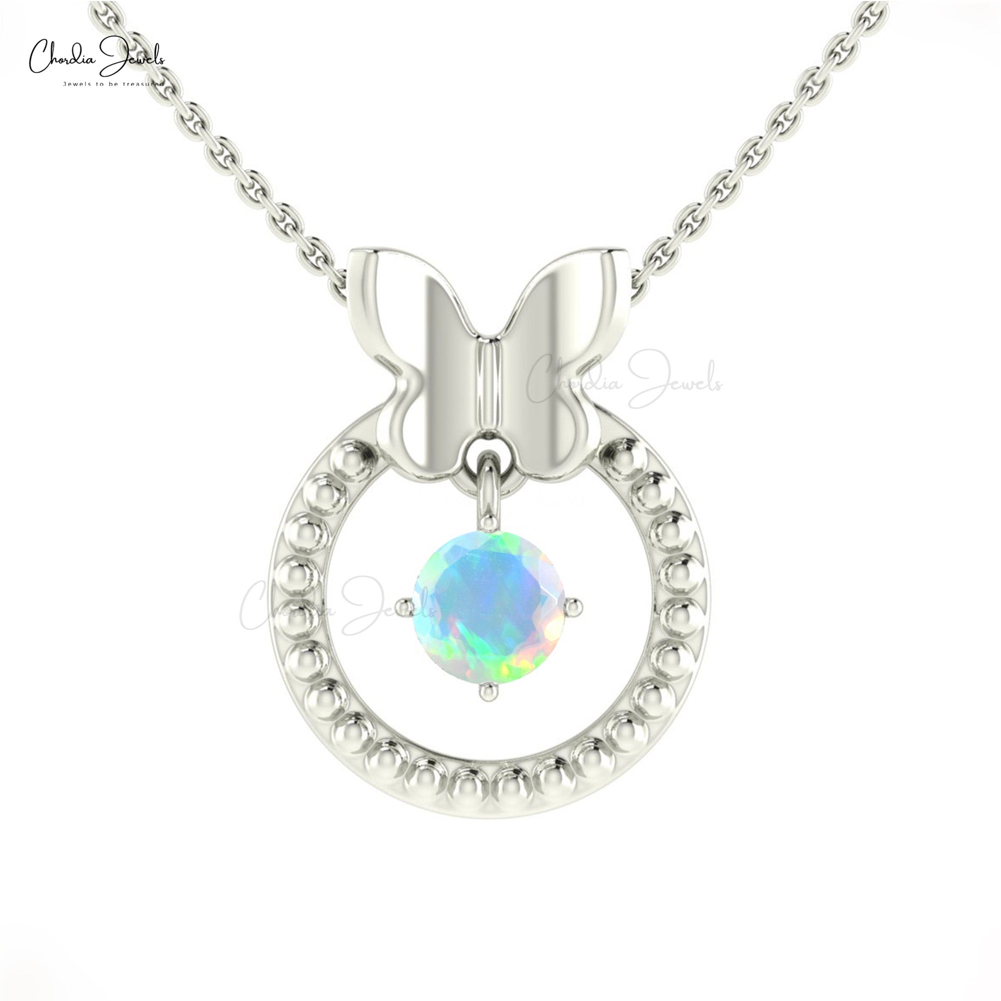14k Solid Gold Round Opal Butterfly Design Milgrain Pendant