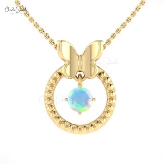 14k Solid Gold Round Opal Butterfly Design Milgrain Pendant