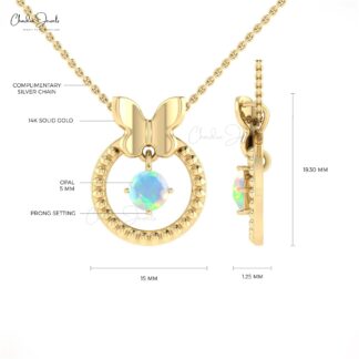 14k Solid Gold Round Opal Butterfly Design Milgrain Pendant