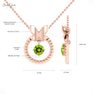 Solitaire Dangle Charm With 0.42 Ct Peridot Round Cut Prong Set In 14k Gold Pendant